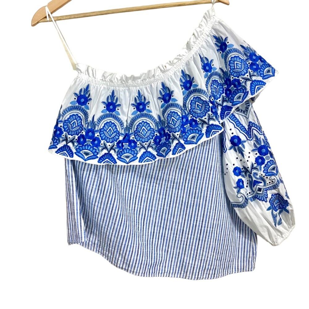 Parker 1 Shoulder Embroidered Ruffle Striped Cotton Top Size Small